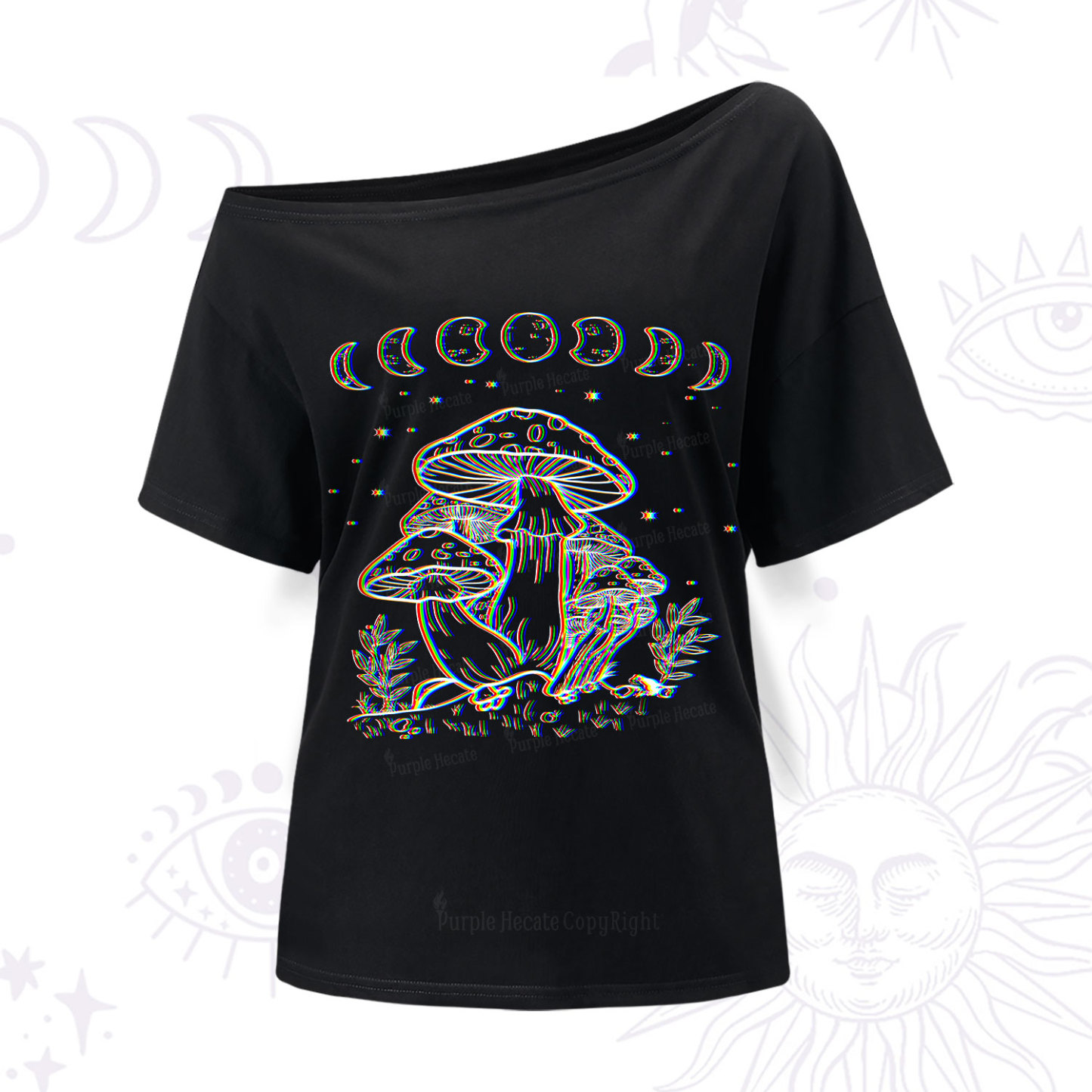 Purplehecate Mushroom and Moon One Shoulder T-Shir