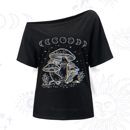 Purplehecate Mushroom and Moon One Shoulder T-Shirt