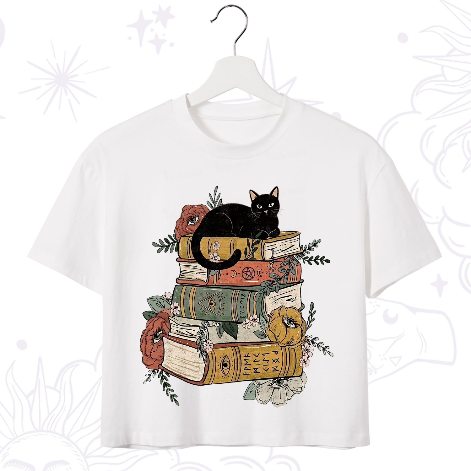 Purplehecate Black Cat on Books Crop T-Shirt