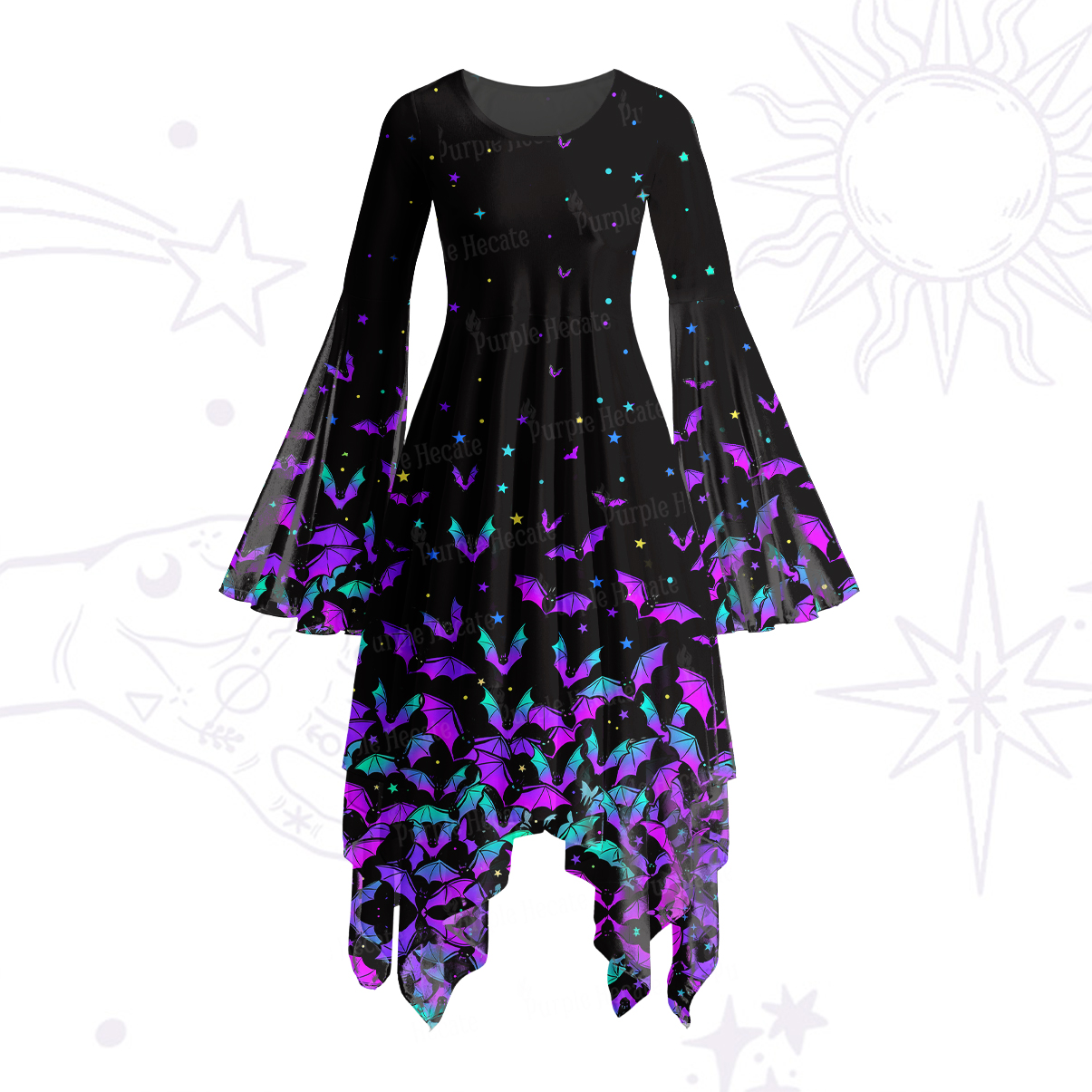 Purplehecate Rainbow Bat Bell Sleeve Dress