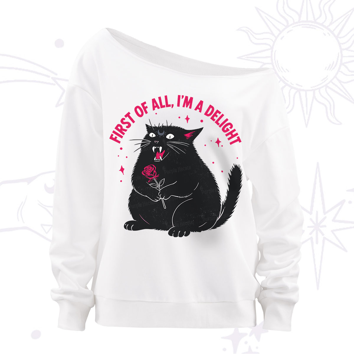 Purplehecate First Of All I'm A Delight Cat Off The Shoulder Sweatshirt