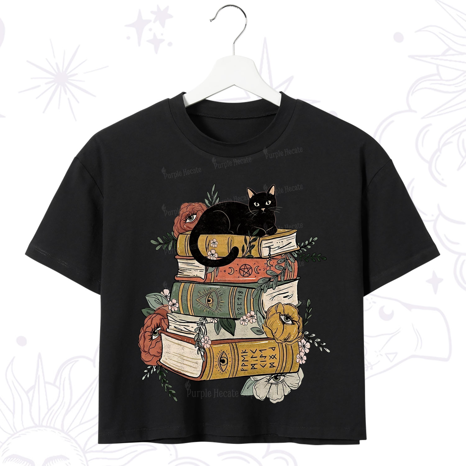 Purplehecate Black Cat on Books Crop T-Shirt