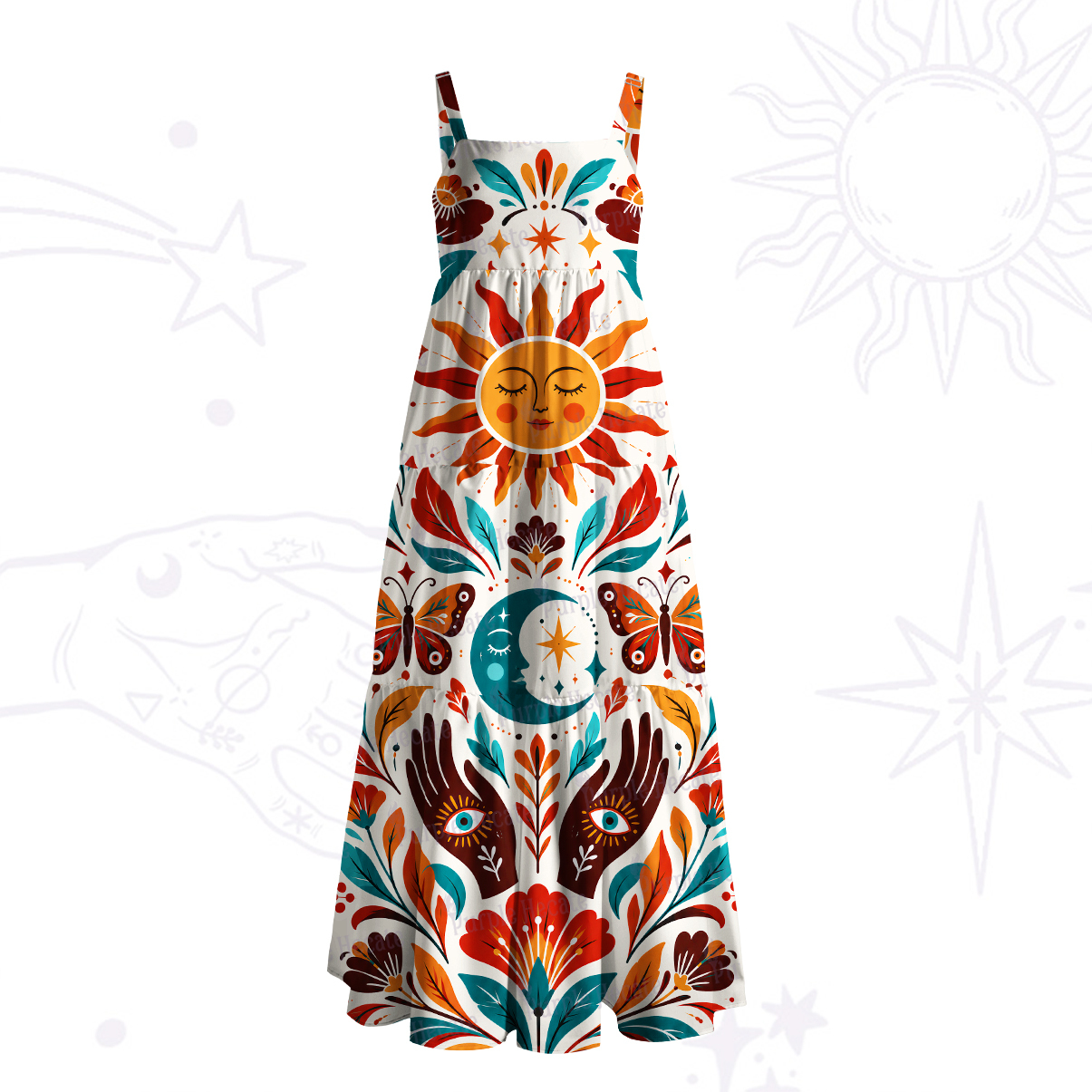 Purplehecate Mystic Sunflower Moon BohemianWide Straps Maxi Dress