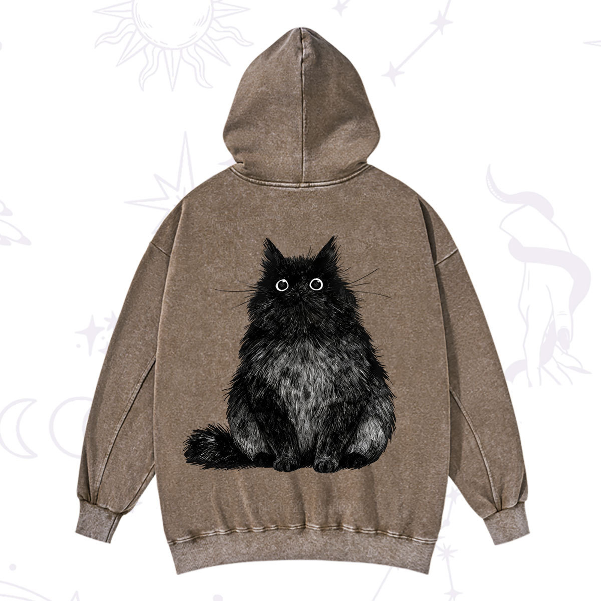 Purplehecate Cute Black Fluffy Cat Washed Hoodie