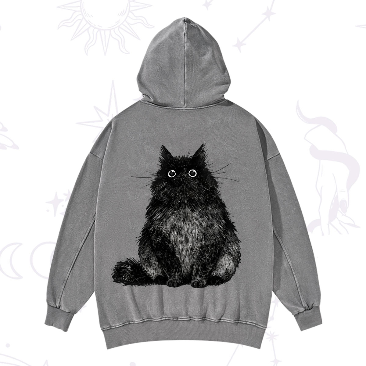 Purplehecate Cute Black Fluffy Cat Washed Hoodie