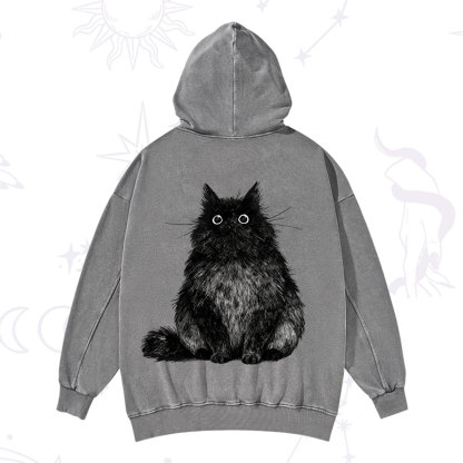 Purplehecate Cute Black Fluffy Cat Washed Hoodie