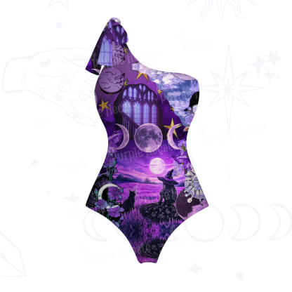 Purplehecate Witchy Black Cat Moon One-Shoulder One-Piece Swimsuit