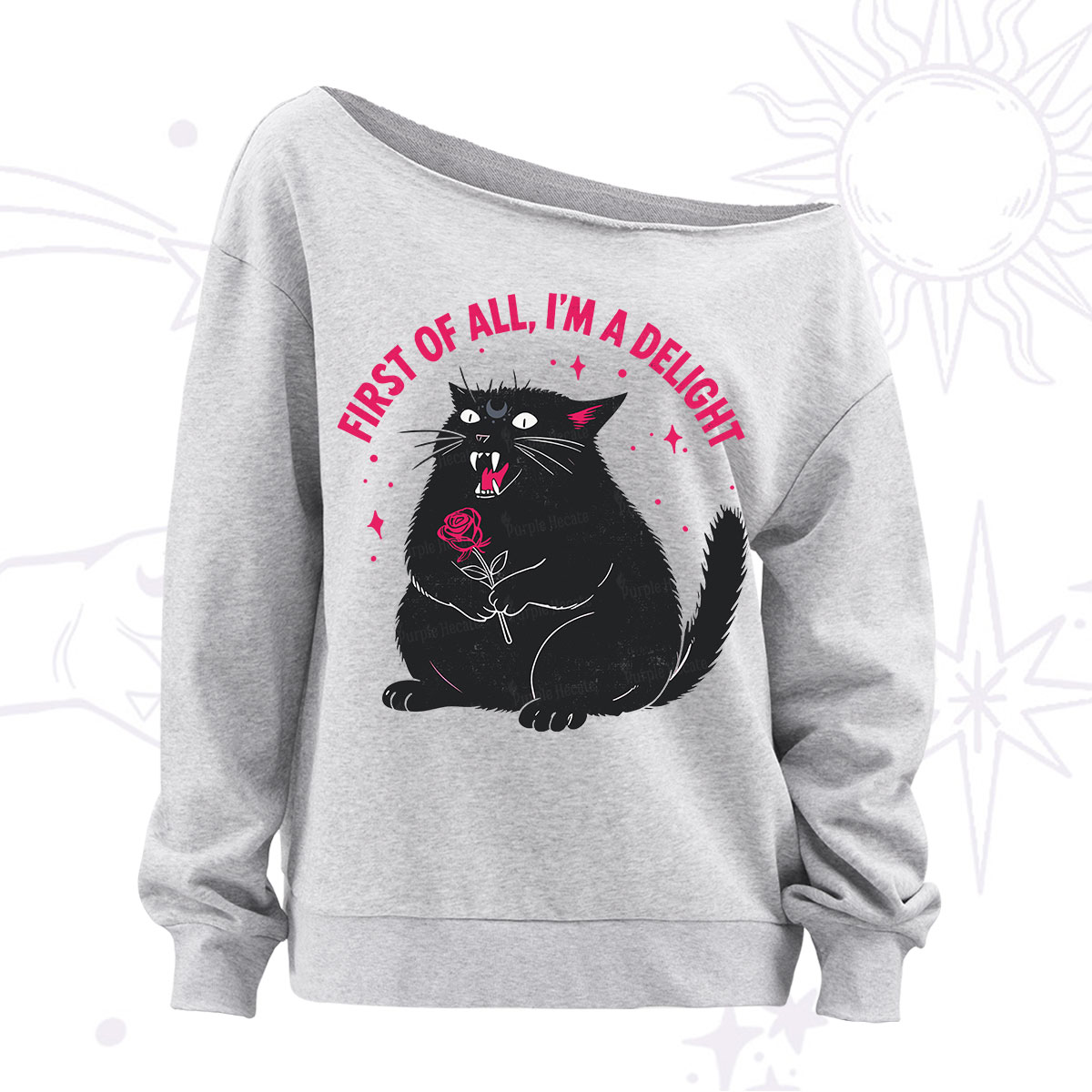 Purplehecate First Of All I'm A Delight Cat Off The Shoulder Sweatshirt