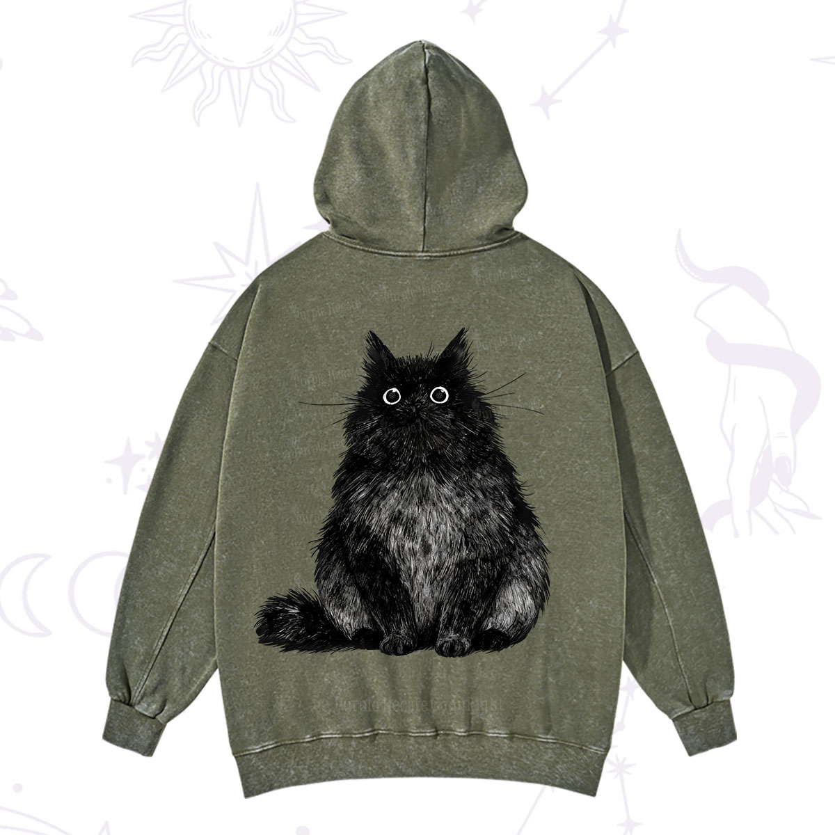 Purplehecate Cute Black Fluffy Cat Washed Hoodie