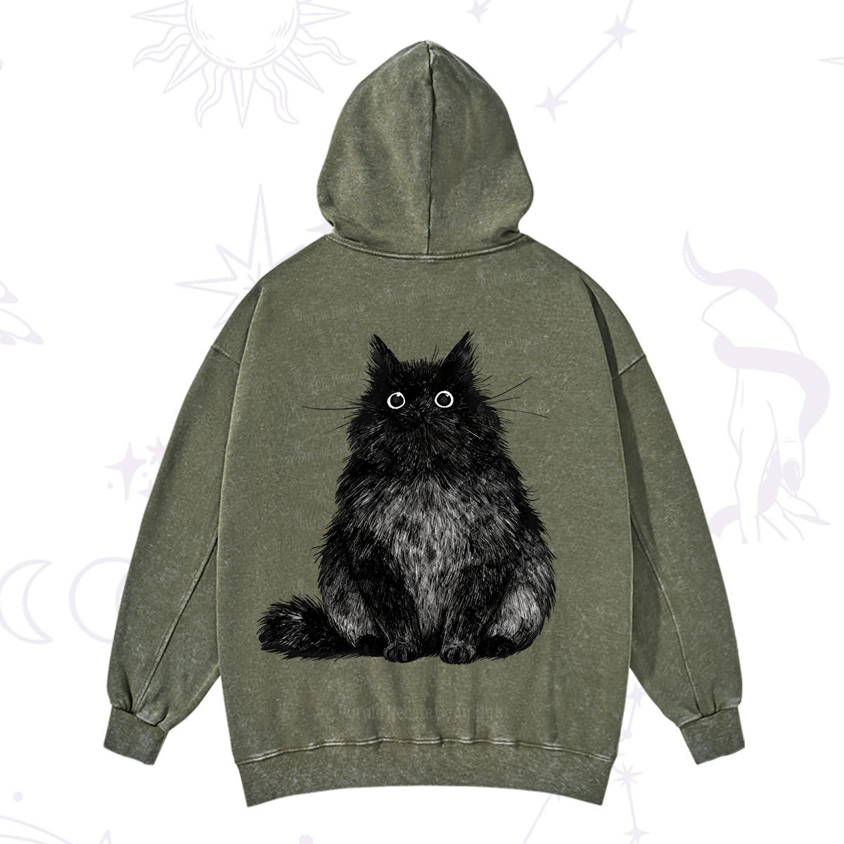 Purplehecate Cute Black Fluffy Cat Washed Hoodie