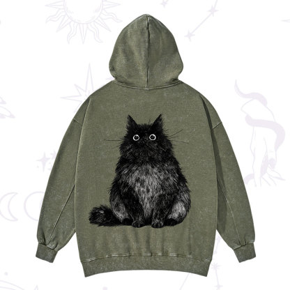 Purplehecate Cute Black Fluffy Cat Washed Hoodie