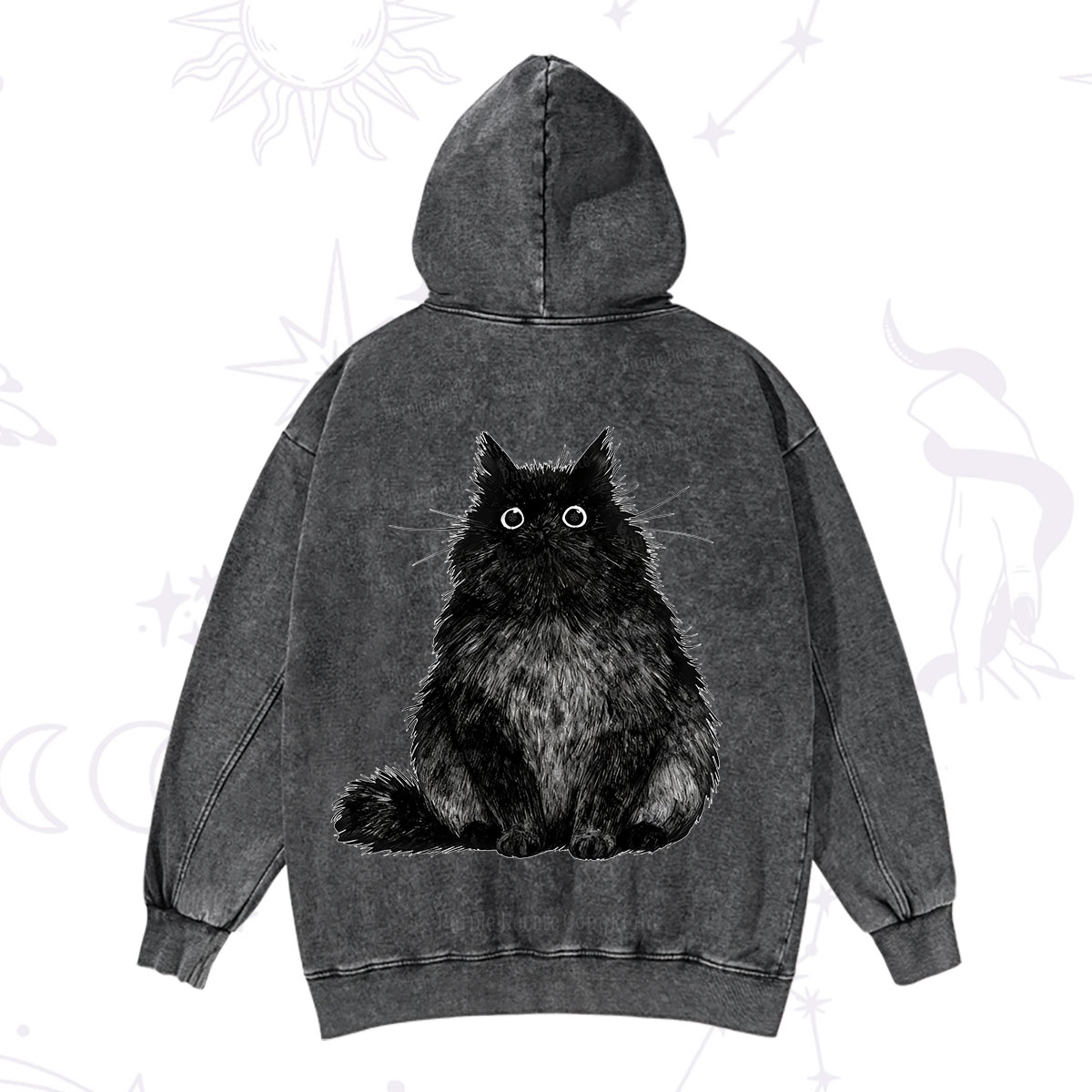 Purplehecate Cute Black Fluffy Cat Washed Hoodie