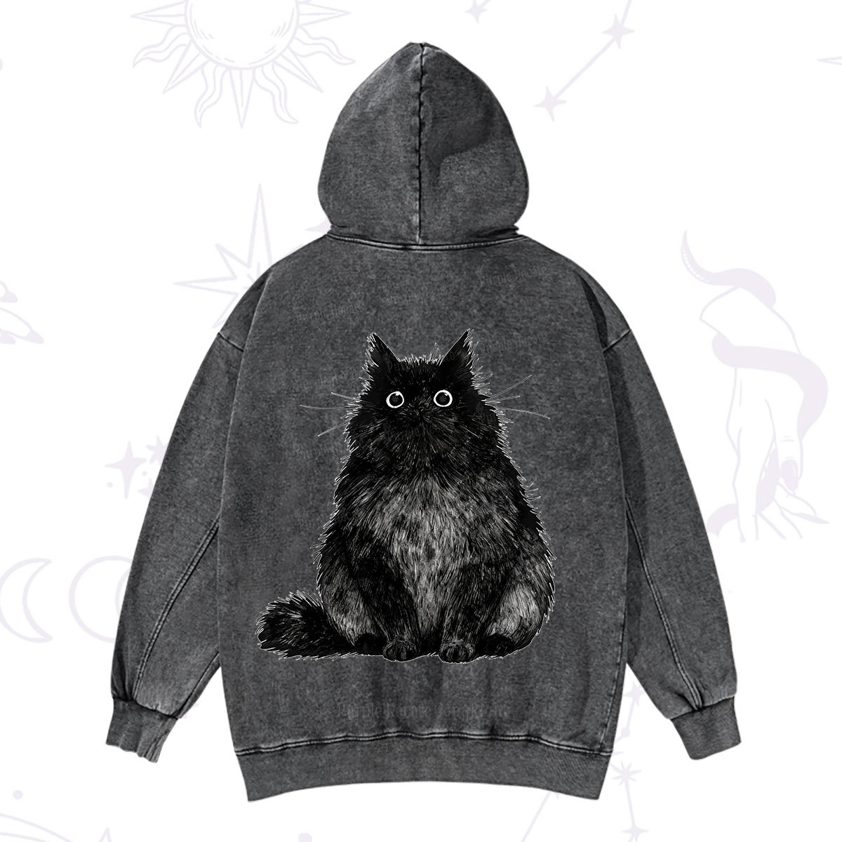 Purplehecate Cute Black Fluffy Cat Washed Hoodie