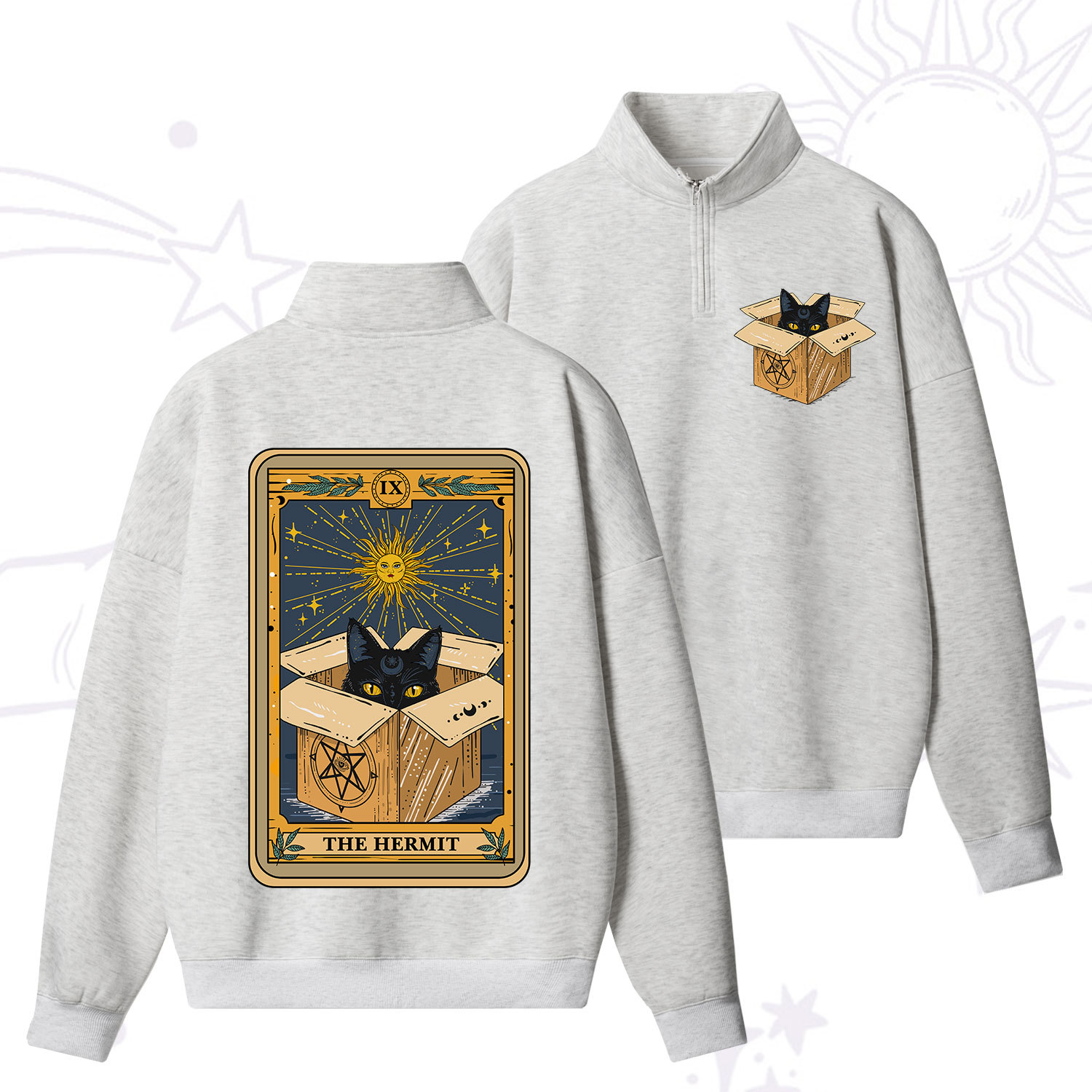 Purplehecate The Hermit Cat Tarot Card Quarter Zip Fleece Sweatshirt