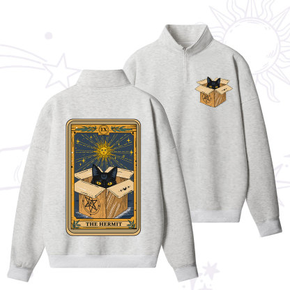 Purplehecate The Hermit Cat Tarot Card Quarter Zip Fleece Sweatshirt