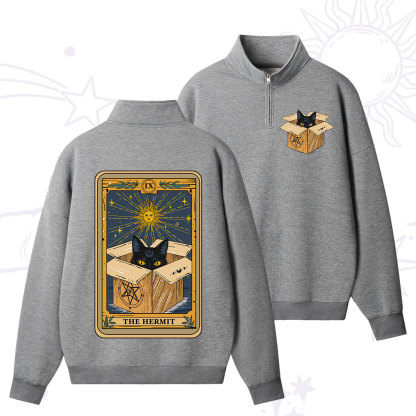 Purplehecate The Hermit Cat Tarot Card Quarter Zip Fleece Sweatshirt