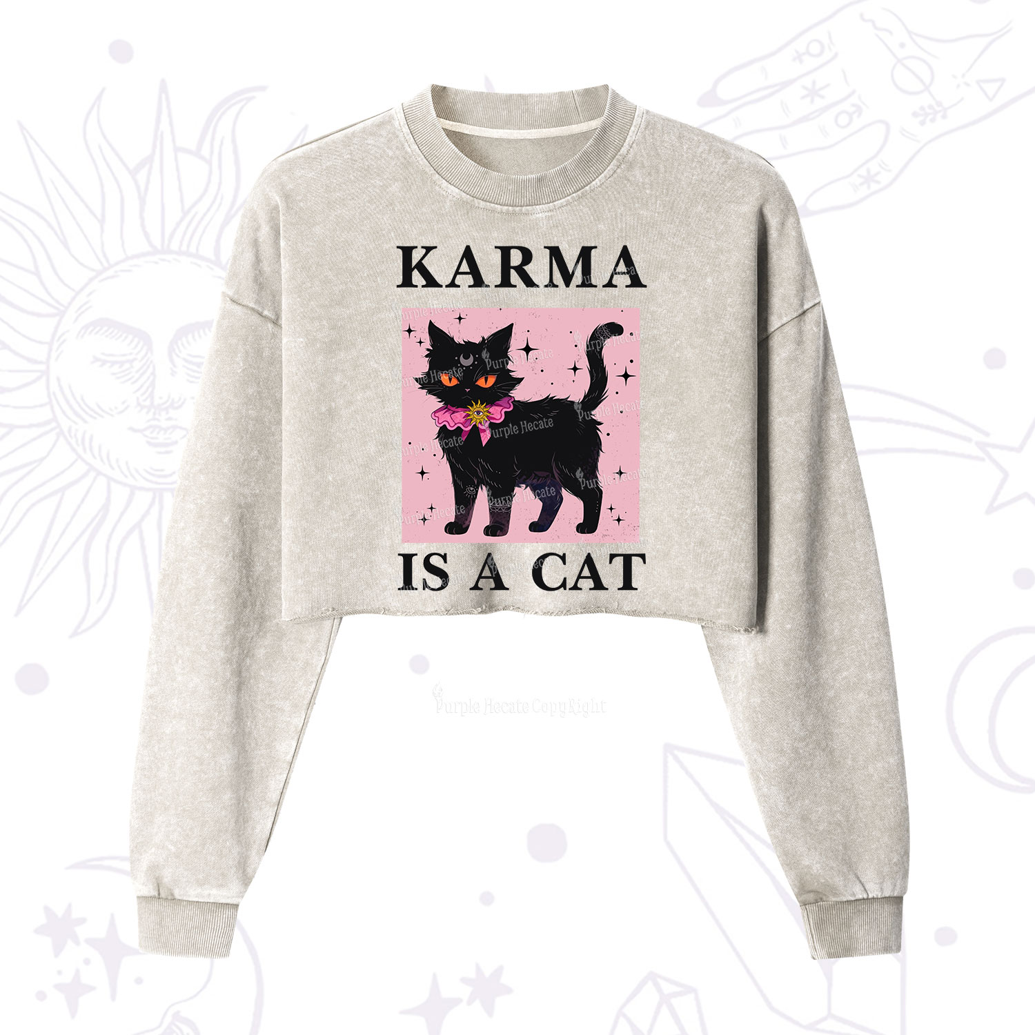 Purplehecate Karma Is A Cat Cropped Washed Sweatshirt
