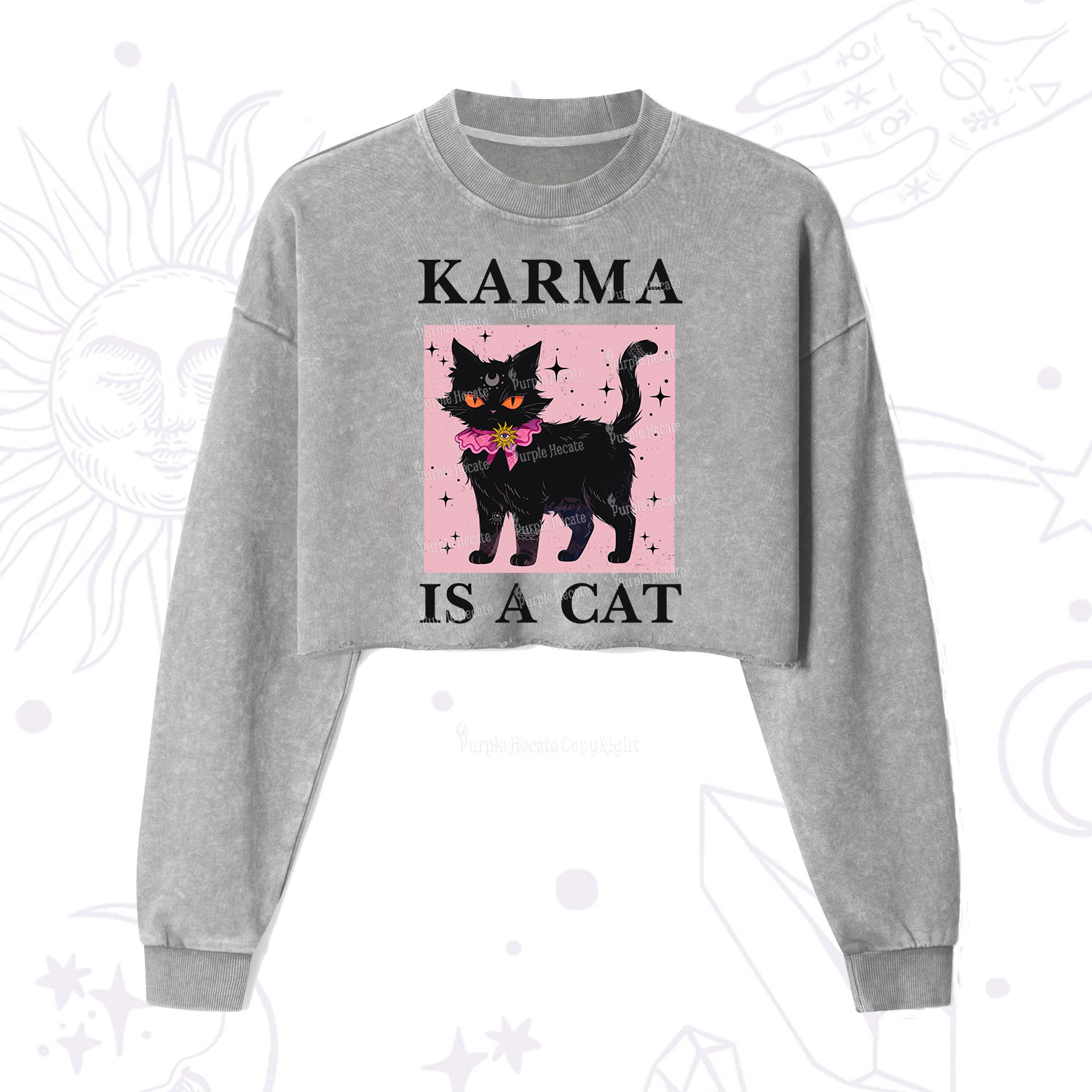 Purplehecate Karma Is A Cat Cropped Washed Sweatshirt