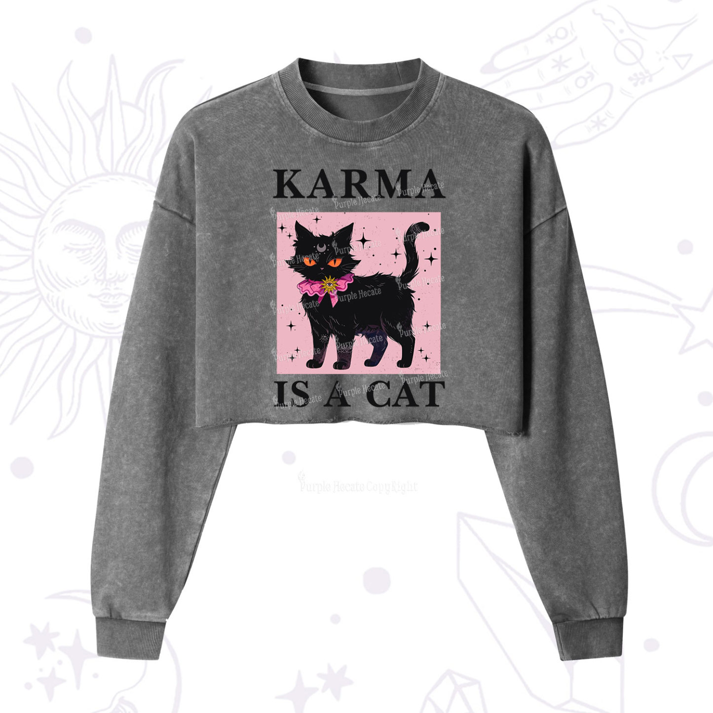 Purplehecate Karma Is A Cat Cropped Washed Sweatshirt
