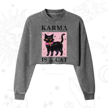 Purplehecate Karma Is A Cat Cropped Washed Sweatshirt