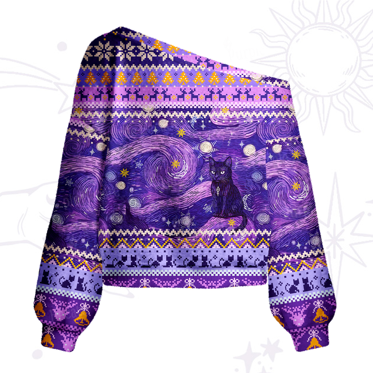 Purplehecate Mystic Cat Beneath the Cosmic Veil One Shoulder Sweaters