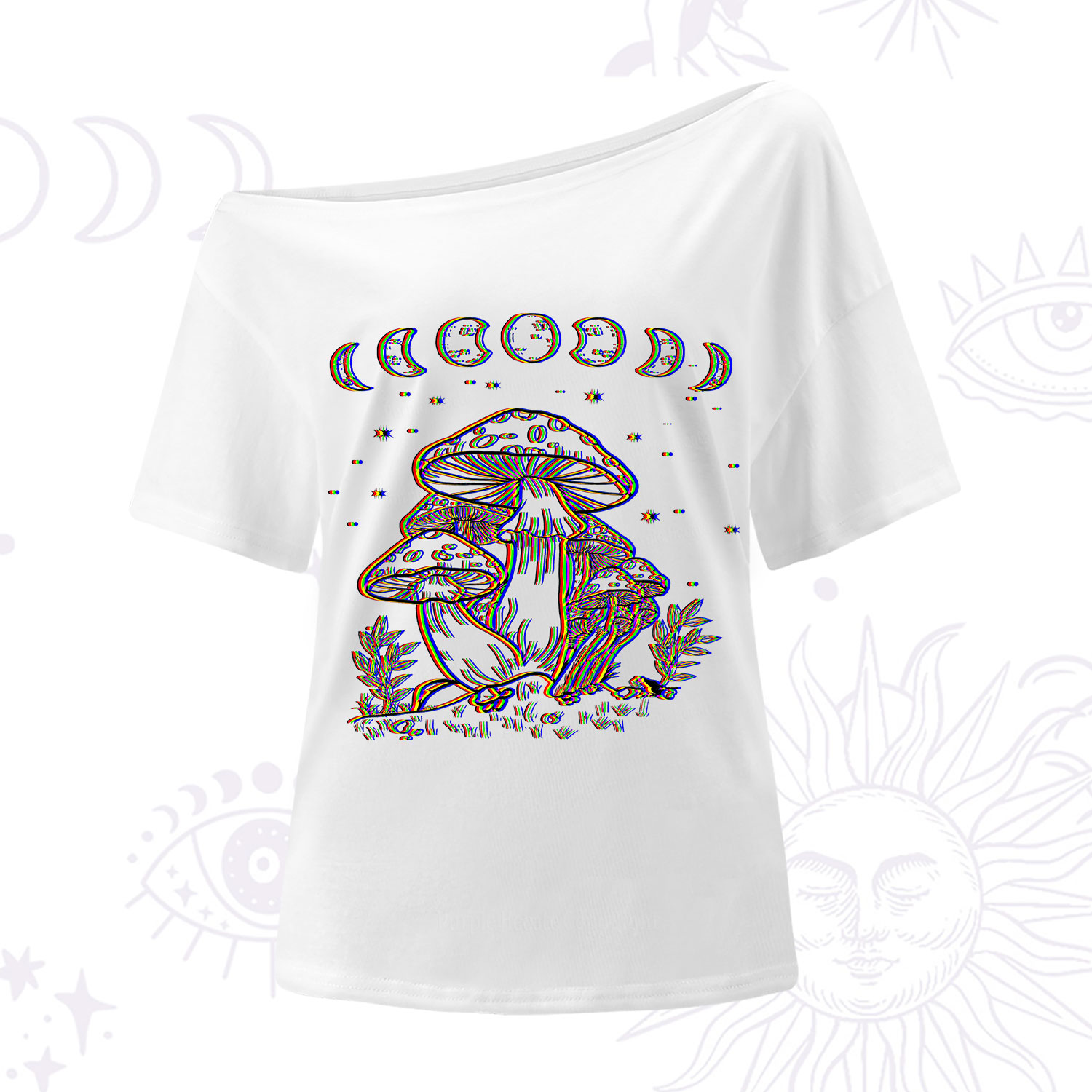 Purplehecate Mushroom and Moon One Shoulder T-Shirt