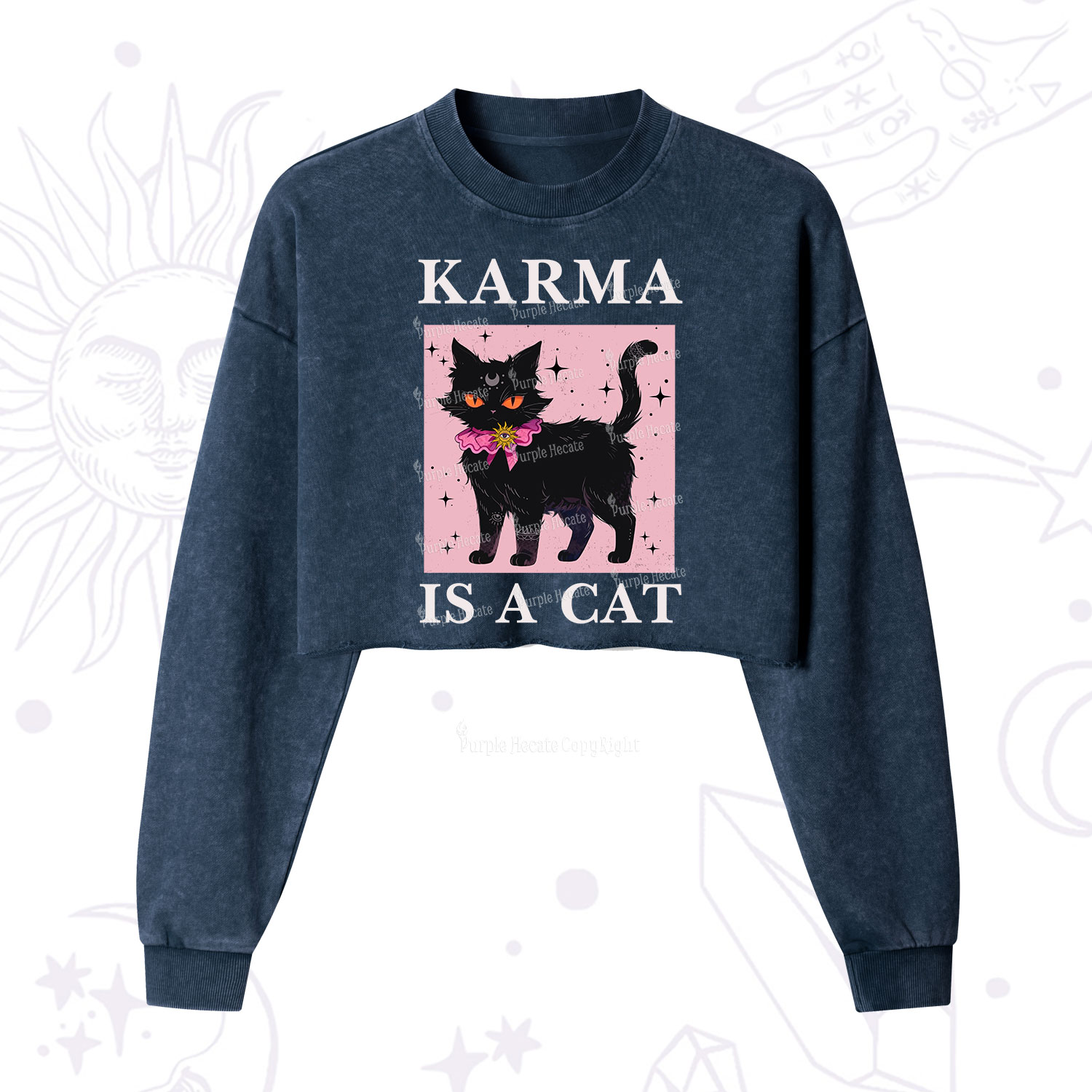 Purplehecate Karma Is A Cat Cropped Washed Sweatshirt