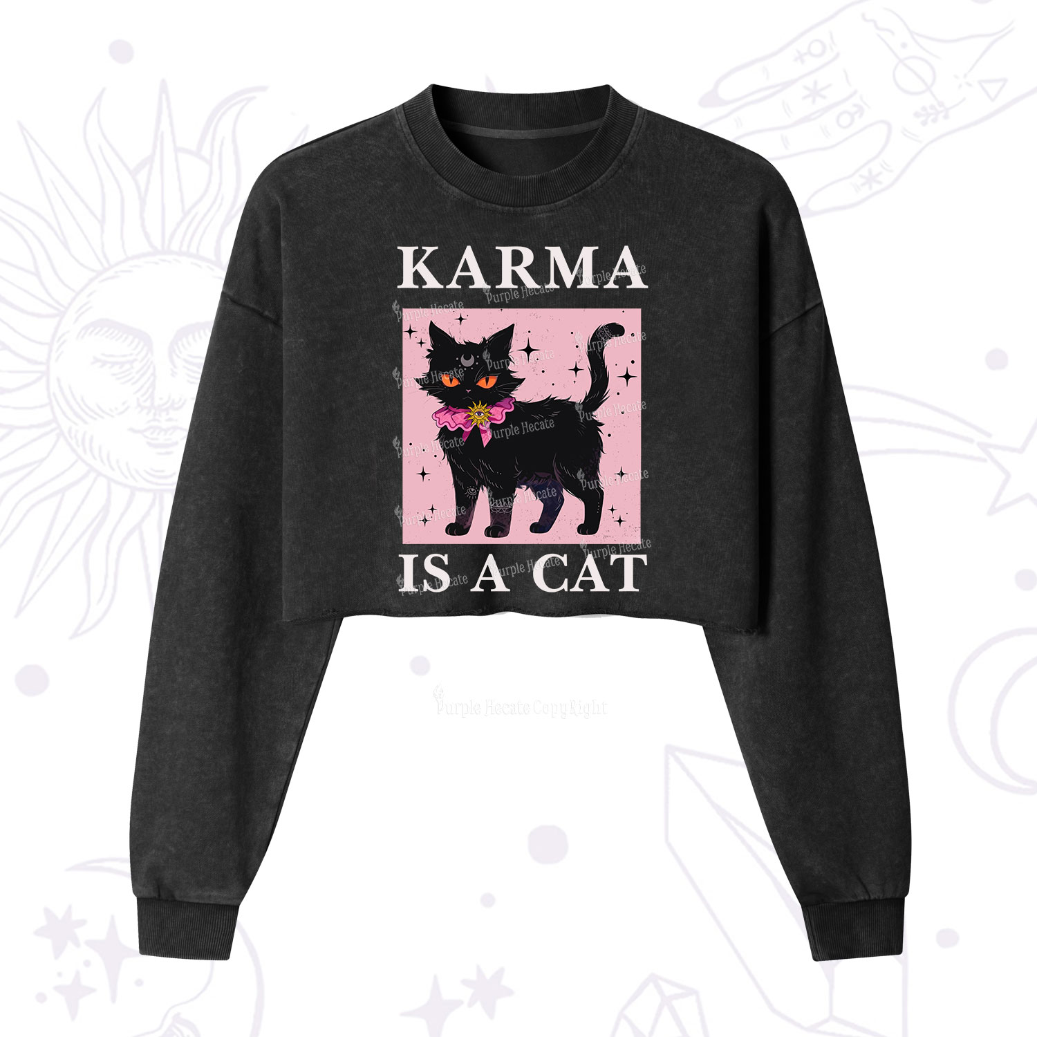 Purplehecate Karma Is A Cat Cropped Washed Sweatshirt