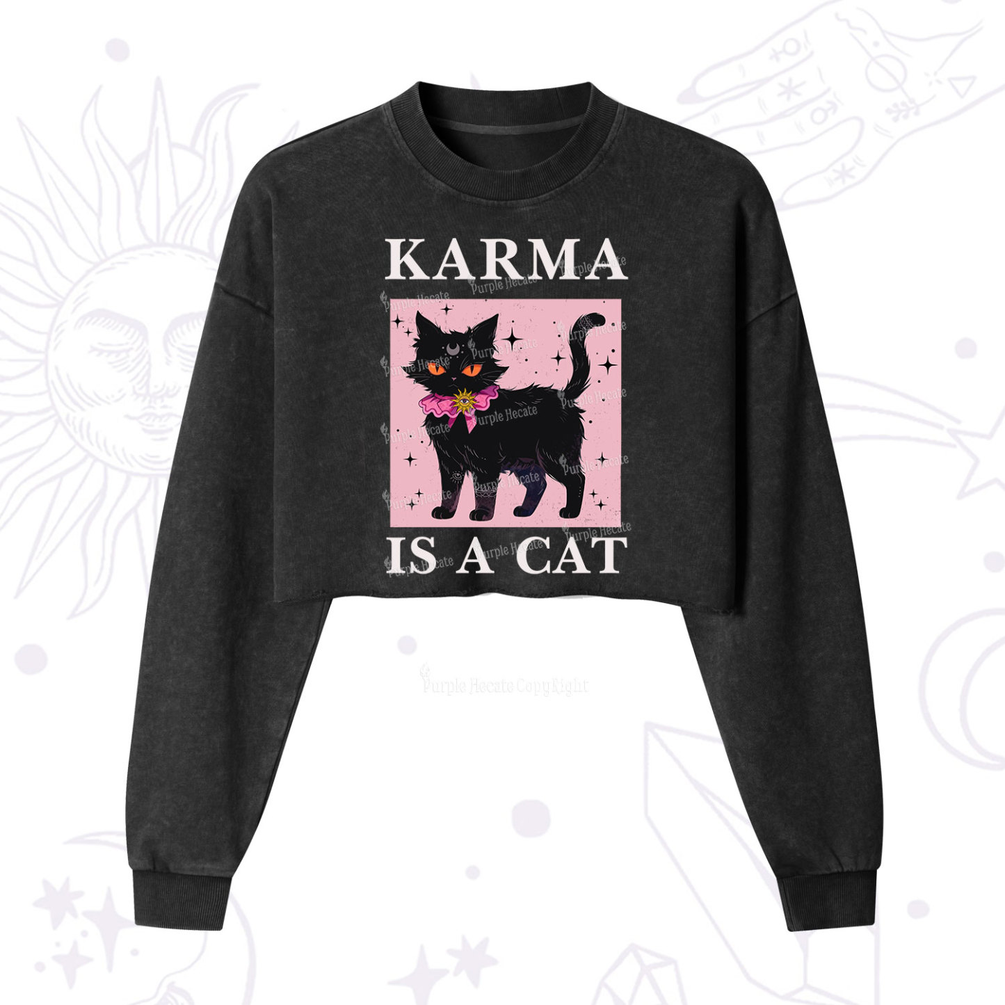 Purplehecate Karma Is A Cat Cropped Washed Sweatshirt