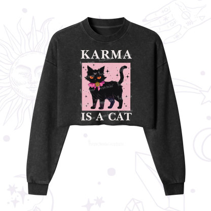Purplehecate Karma Is A Cat Cropped Washed Sweatshirt
