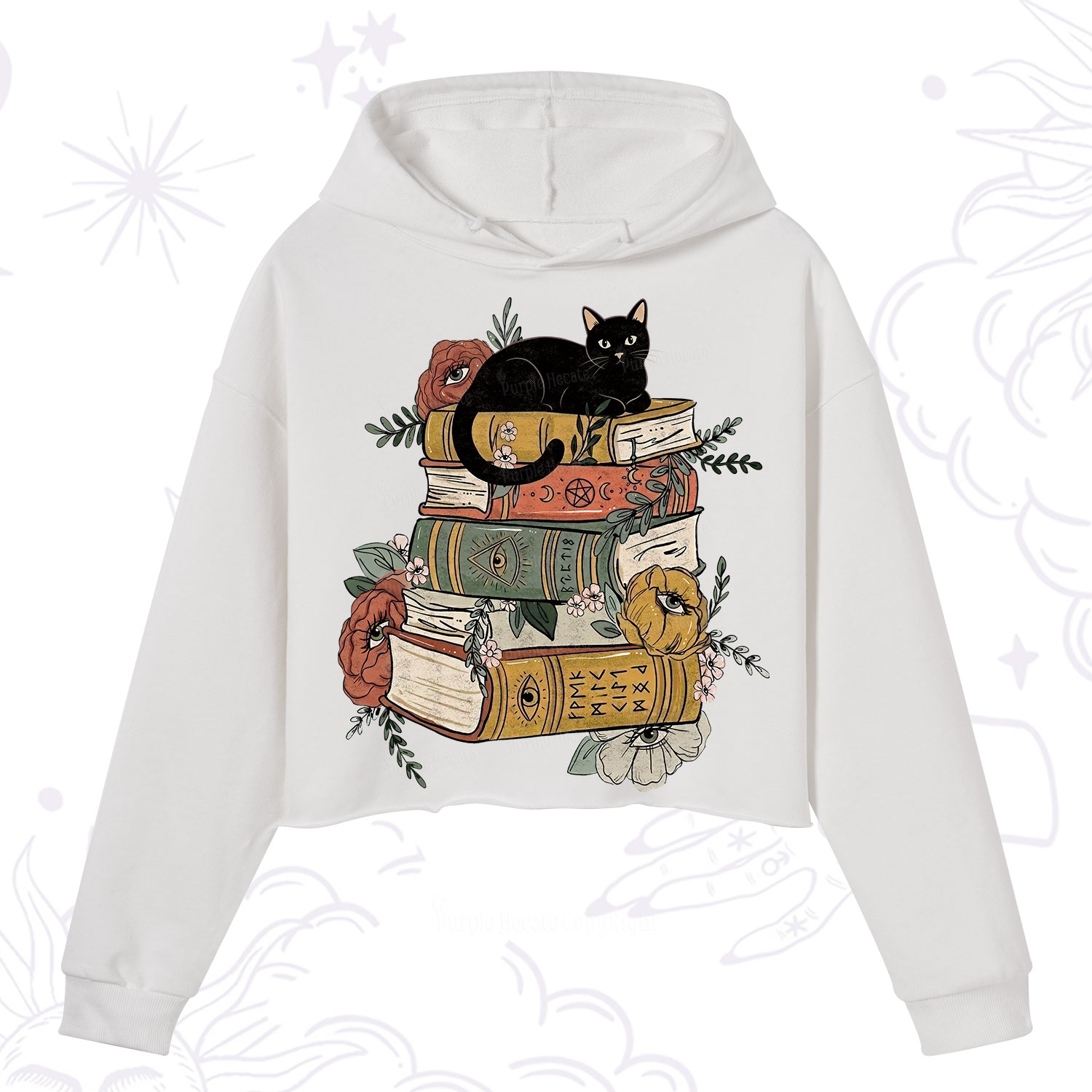 Purplehecate Black Cat on Books Crop Hoodie