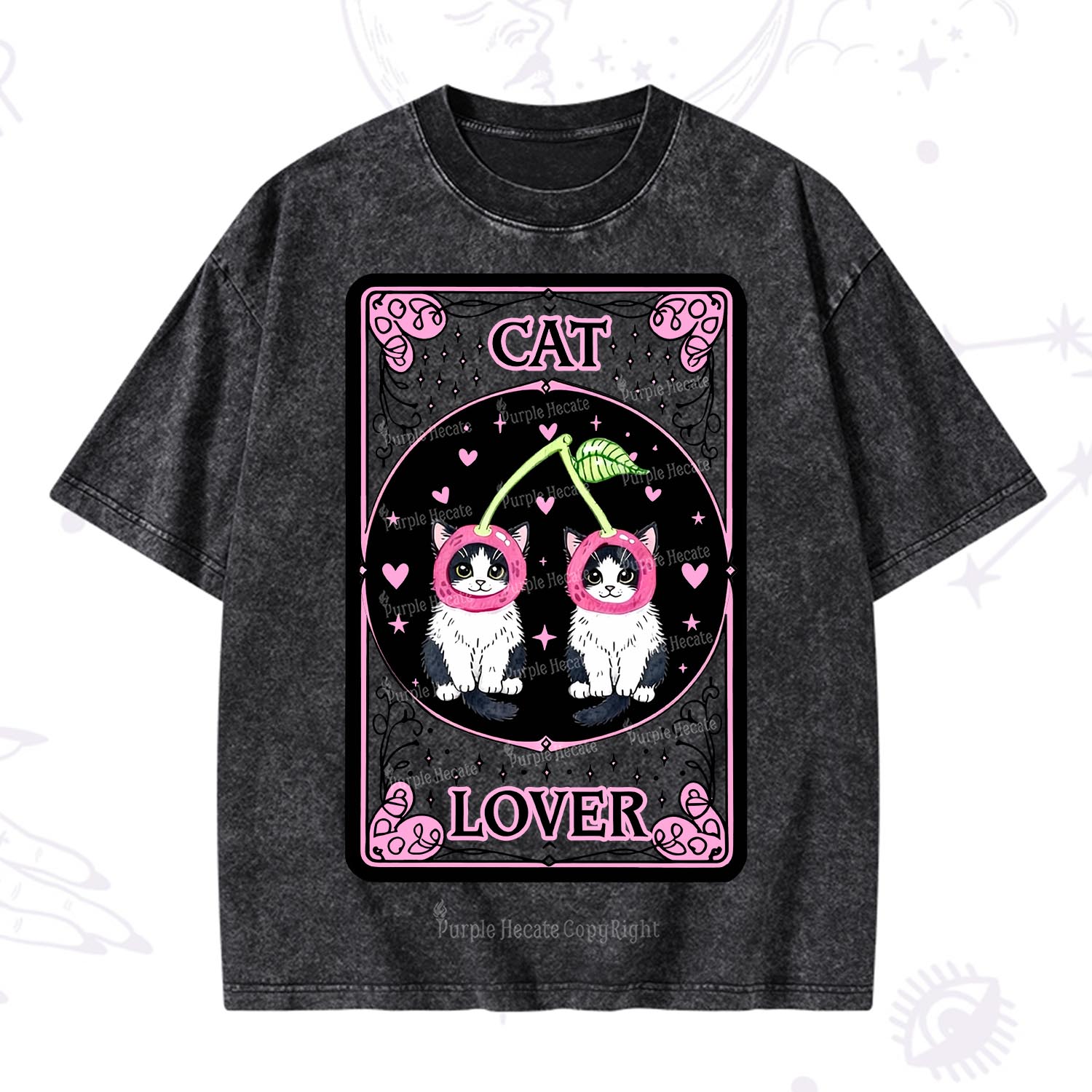 Purplehecate The Lovers Cherry Cat Tarot Washed T-Shirt