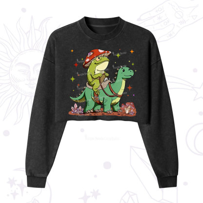 Purplehecate Frog Riding a Dinosaur Cropped Washed Sweatshirt