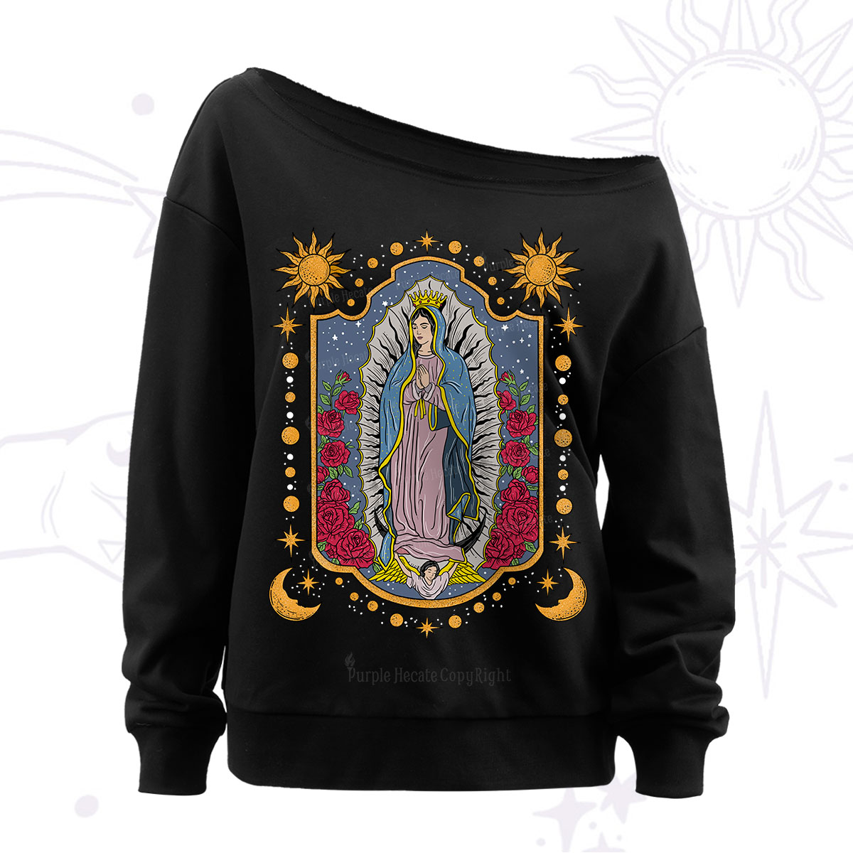Purplehecate Our Lady of Guadalupe Off The Shoulder Sweatshirt
