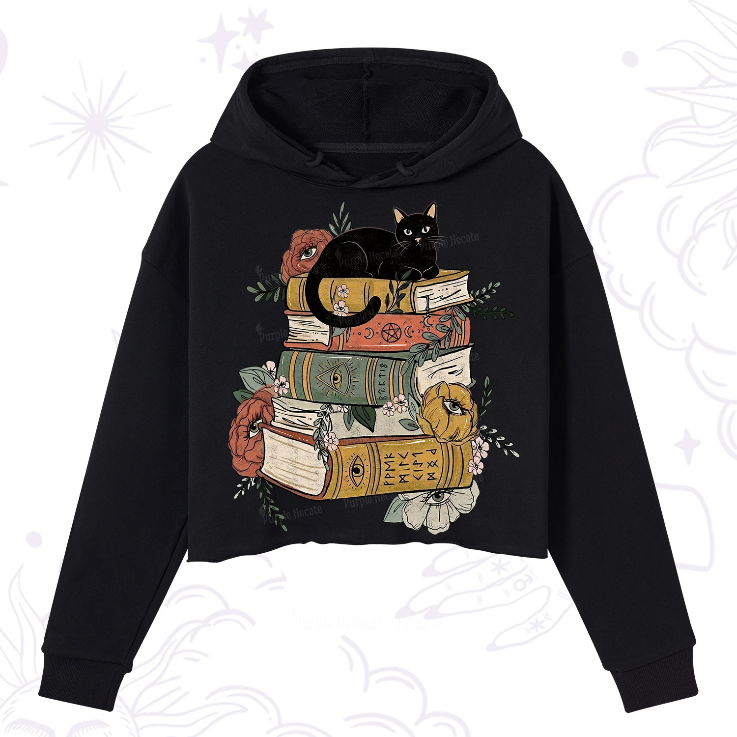 Purplehecate Black Cat on Books Crop Hoodie