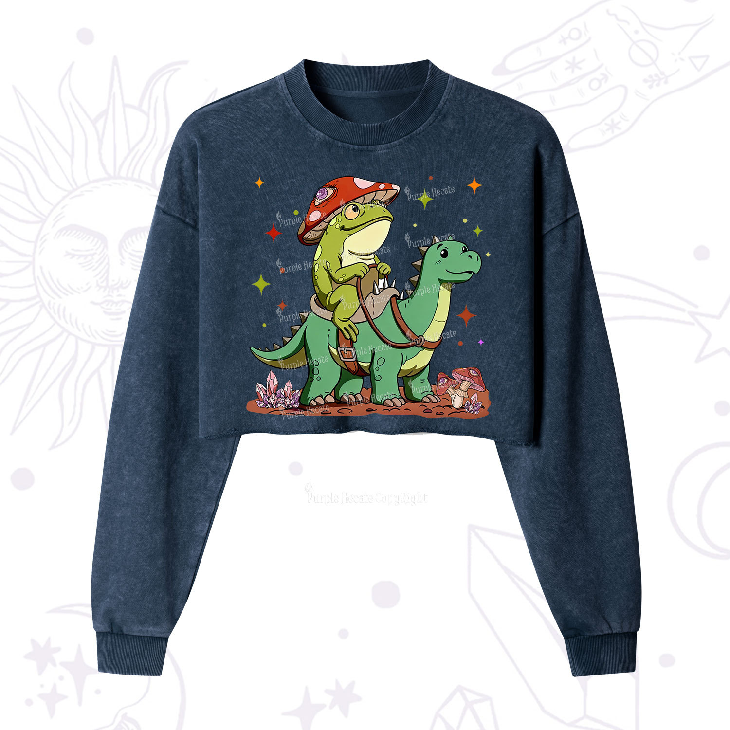 Purplehecate Frog Riding a Dinosaur Cropped Washed Sweatshirt