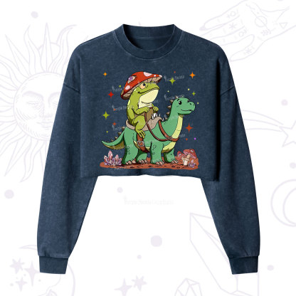 Purplehecate Frog Riding a Dinosaur Cropped Washed Sweatshirt