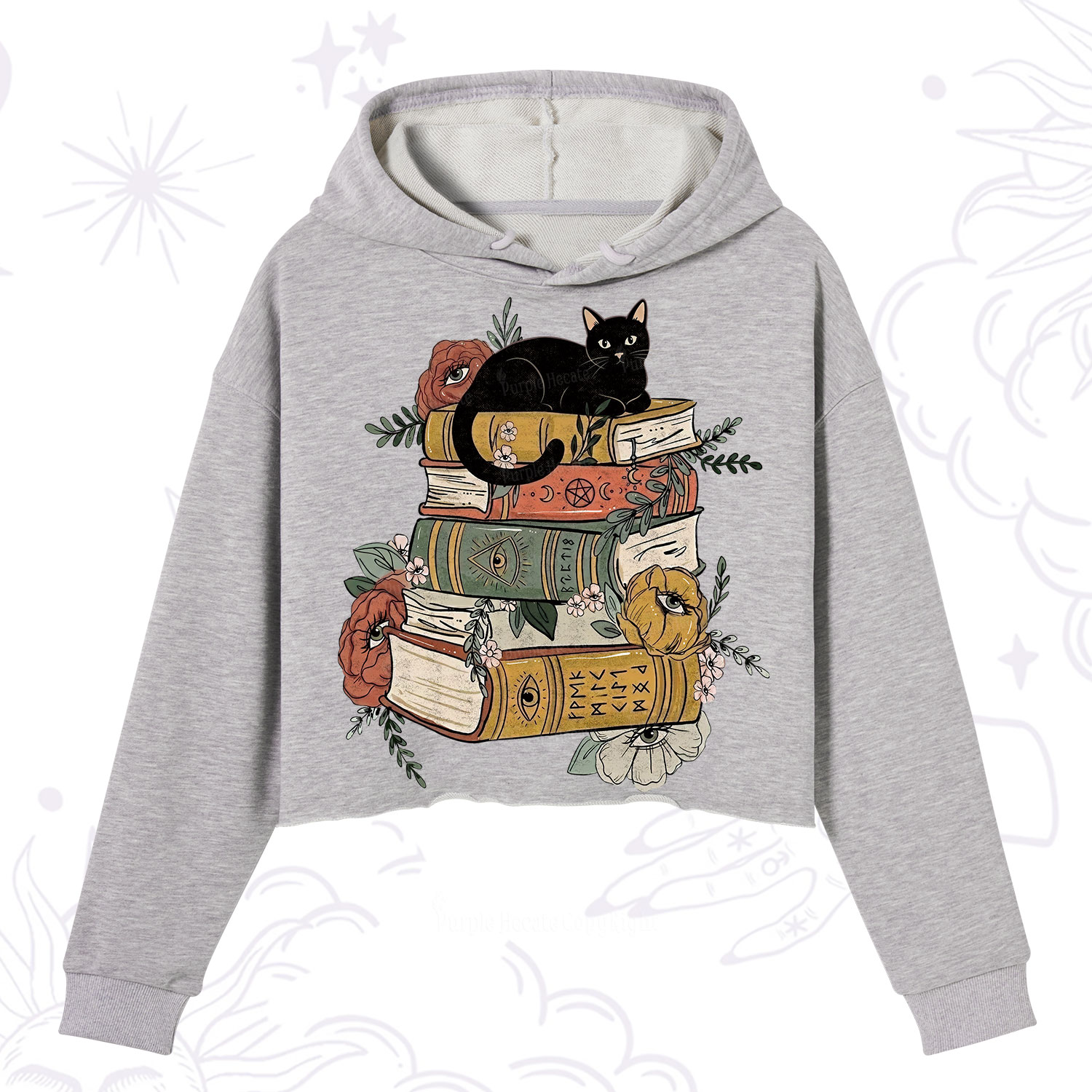 Purplehecate Black Cat on Books Crop Hoodie