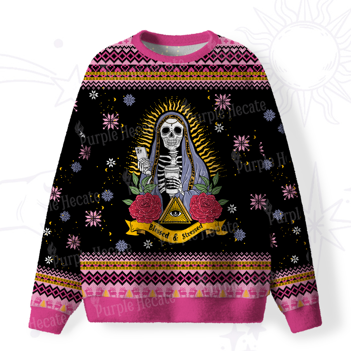 Purplehecate Blessed And Stressed Fuzzy Ugly Christmas Sweatshirt