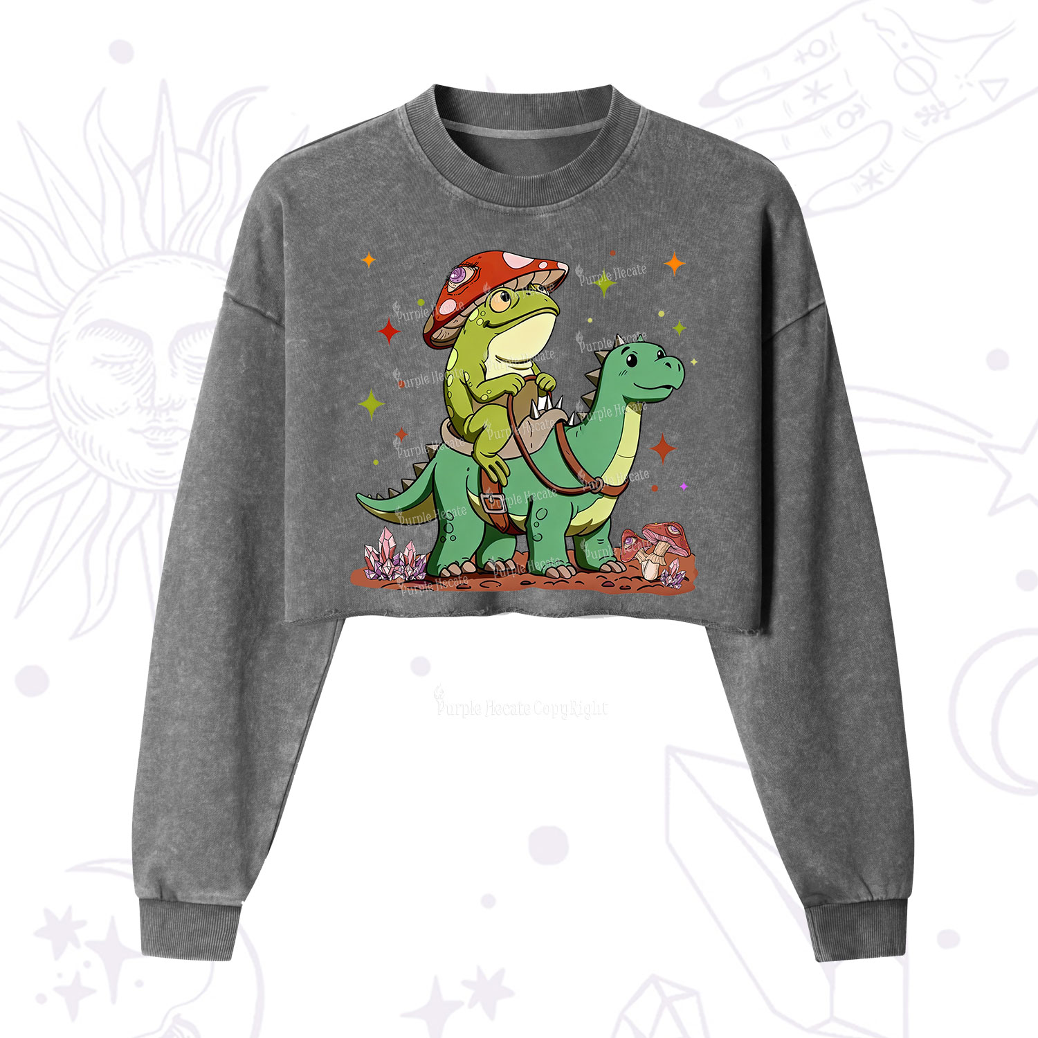 Purplehecate Frog Riding a Dinosaur Cropped Washed Sweatshirt