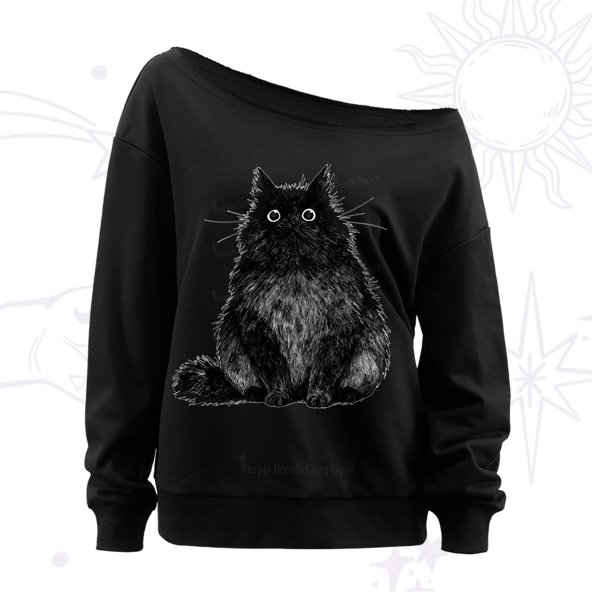 Purplehecate Cute Black Fluffy Cat Off The Shoulder Sweatshirt