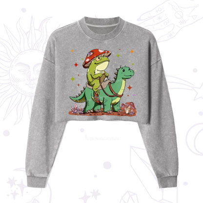 Purplehecate Frog Riding a Dinosaur Cropped Washed Sweatshirt