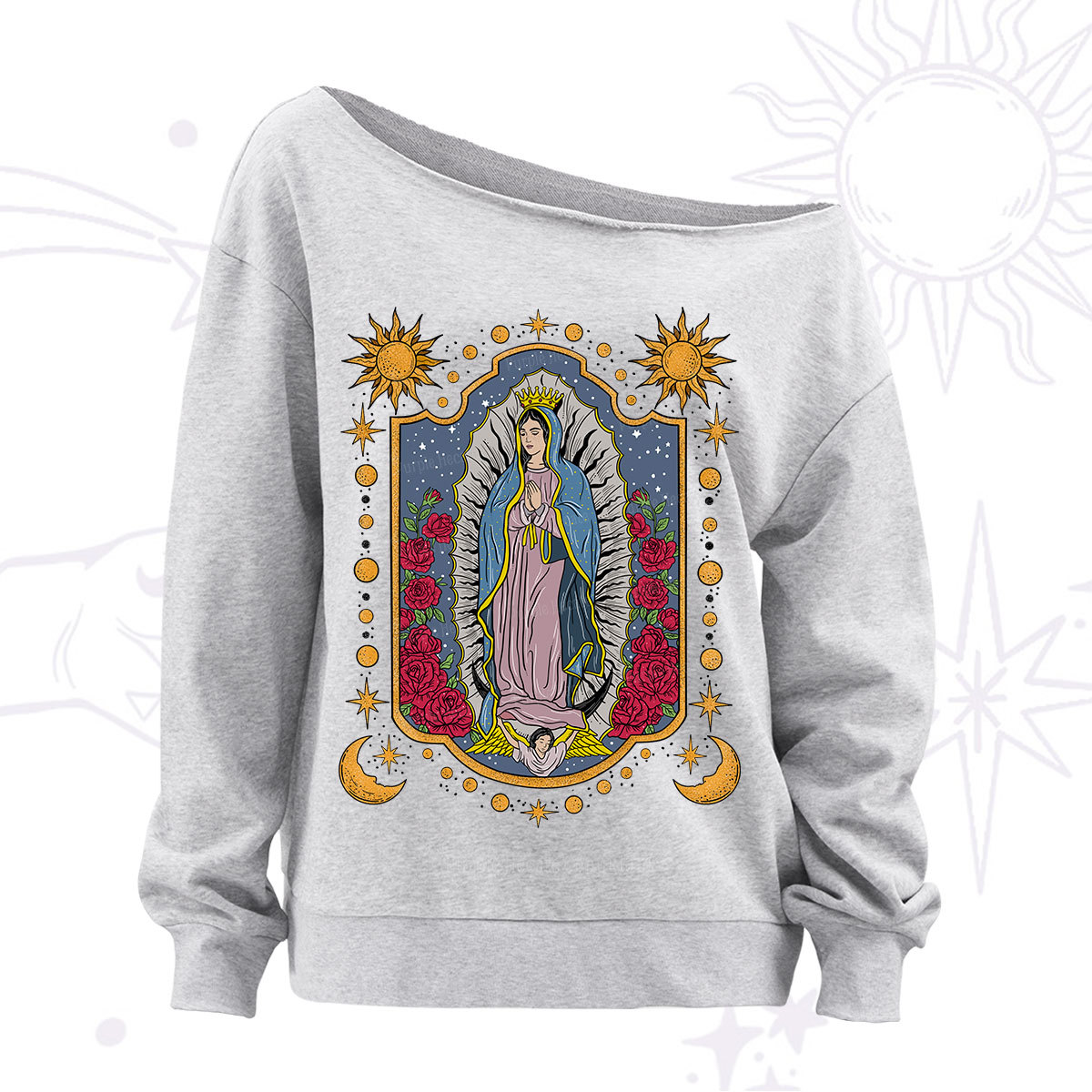 Purplehecate Our Lady of Guadalupe Off The Shoulder Sweatshirt