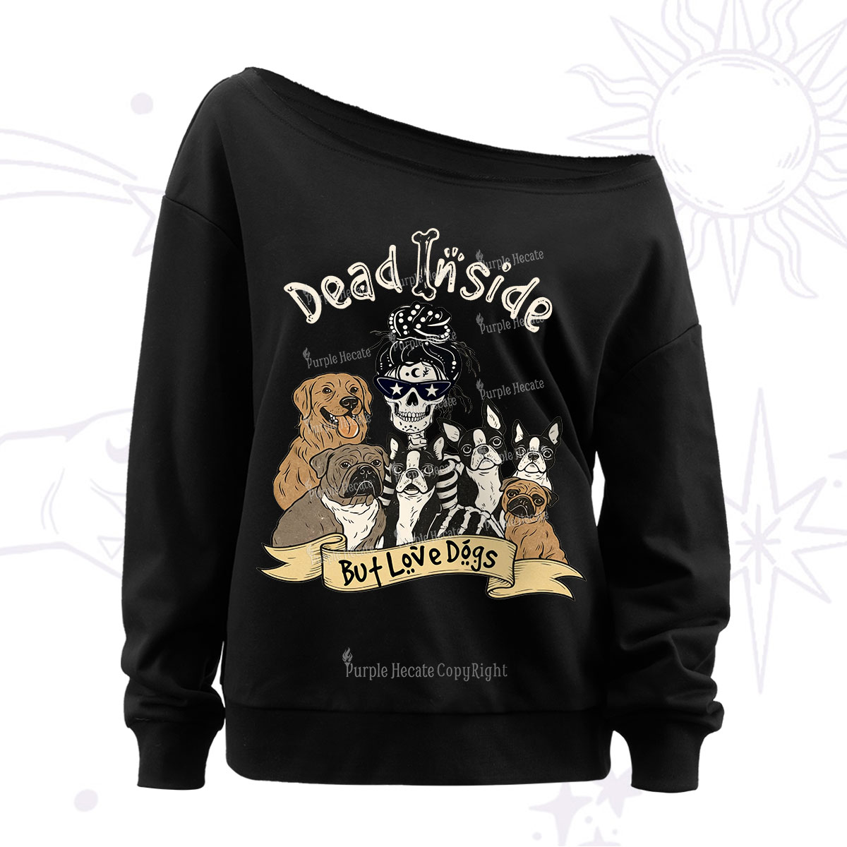Purplehecate Dead Inside But Love Dogs Off The Shoulder Sweatshirt