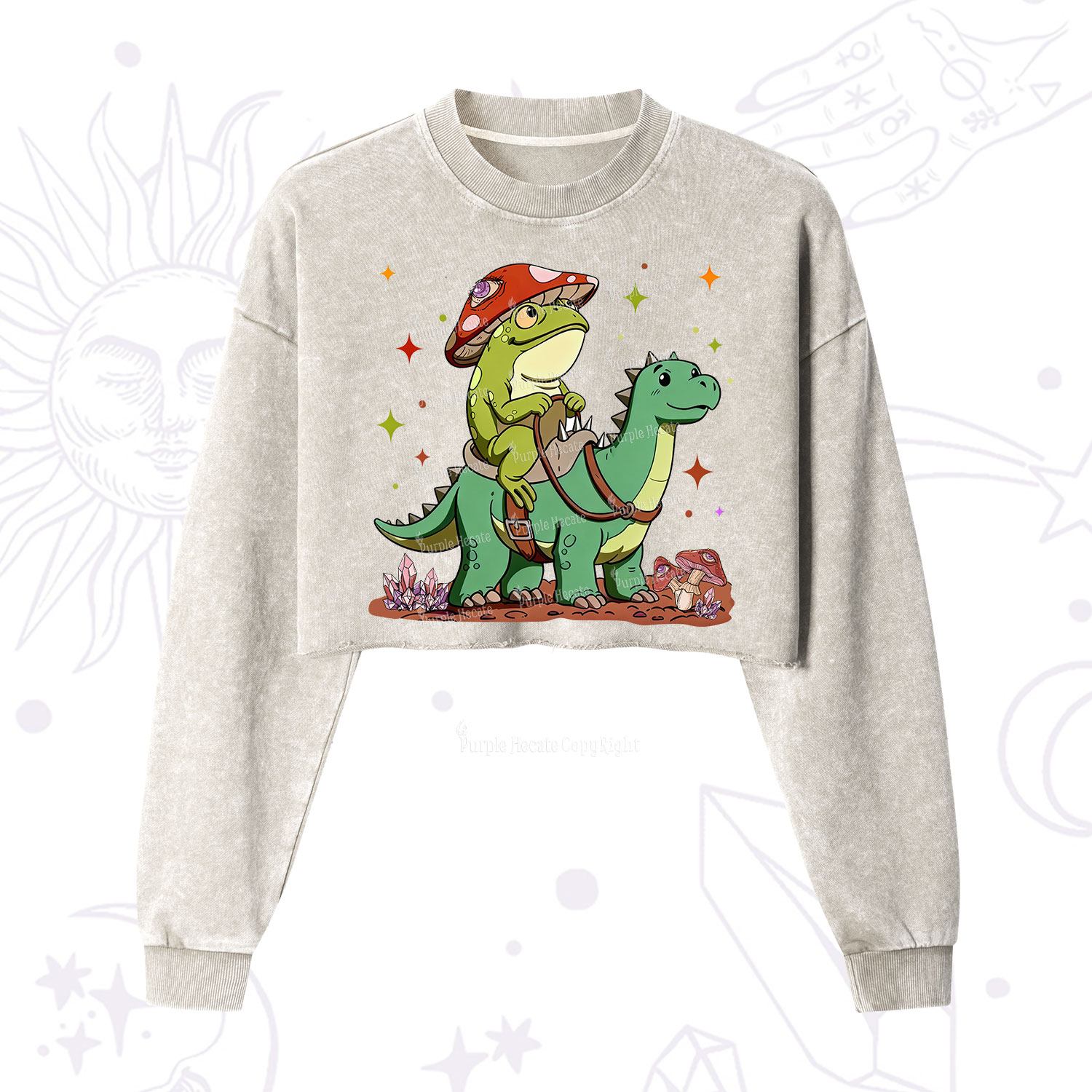 Purplehecate Frog Riding a Dinosaur Cropped Washed Sweatshirt