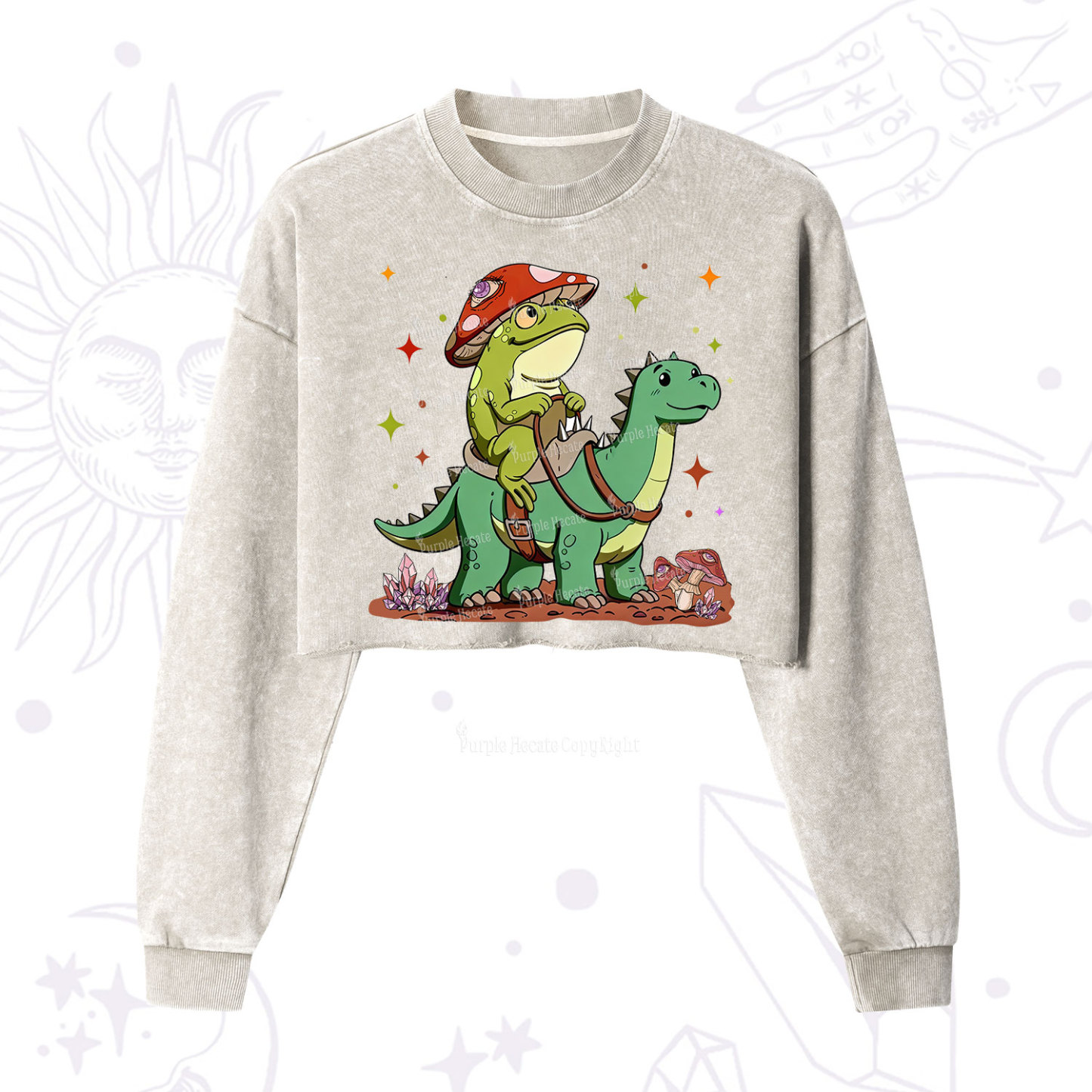 Purplehecate Frog Riding a Dinosaur Cropped Washed Sweatshirt