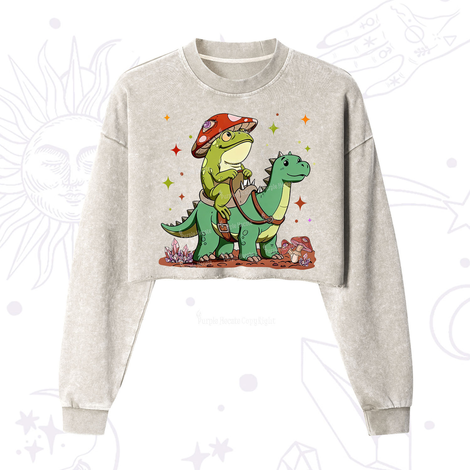 Purplehecate Frog Riding a Dinosaur Cropped Washed Sweatshirt