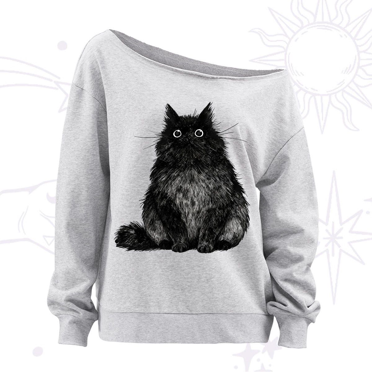 Purplehecate Cute Black Fluffy Cat Off The Shoulder Sweatshirt