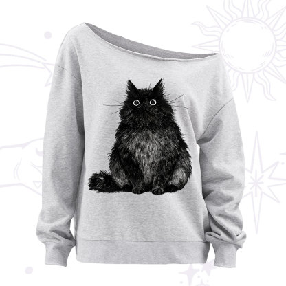 Purplehecate Cute Black Fluffy Cat Off The Shoulder Sweatshirt