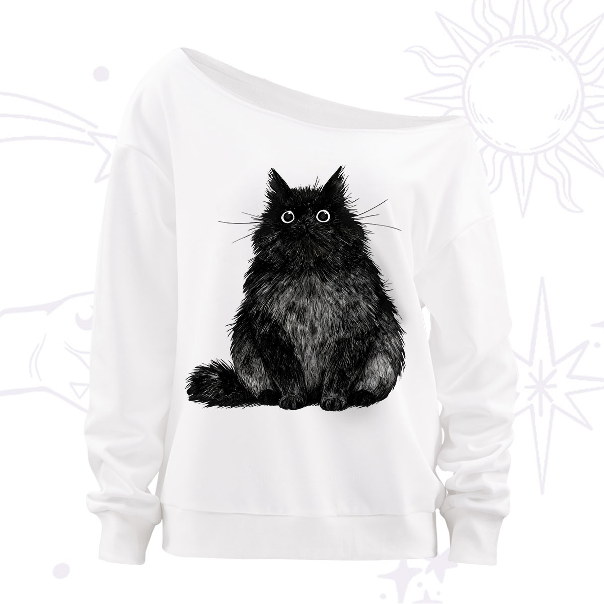 Purplehecate Cute Black Fluffy Cat Off The Shoulder Sweatshirt